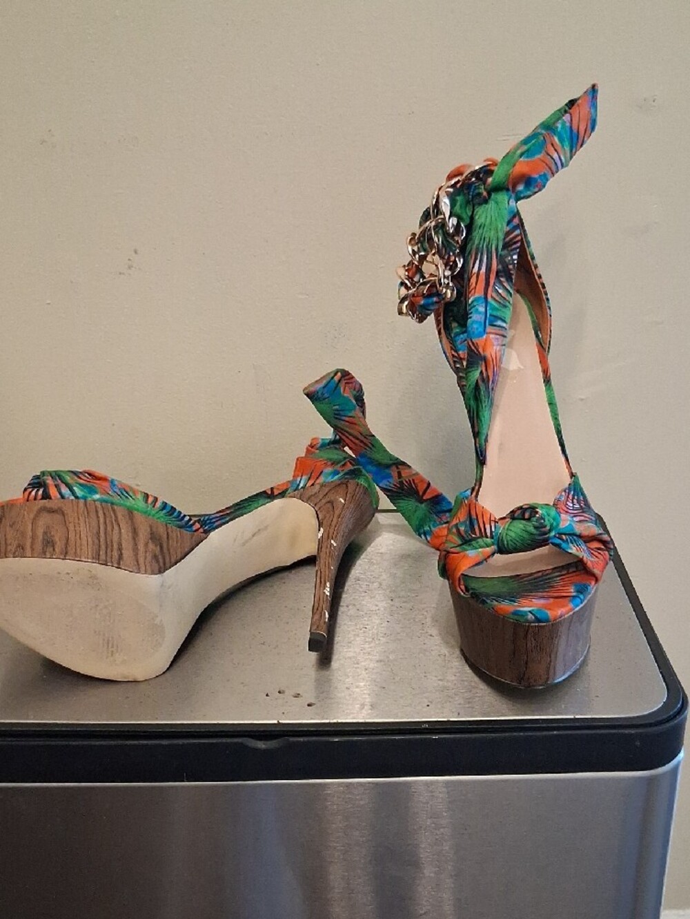 Women’s Orange & Green Tropical Print High Heel Platform Sandals - Picture 4 of 4